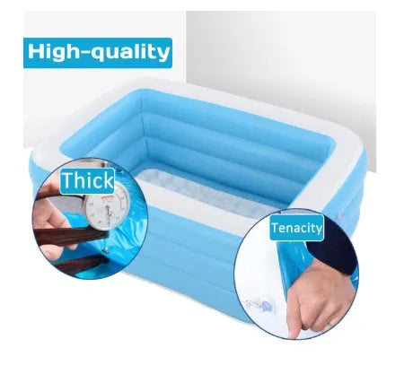 Blue and white rectangular inflatable PVC swimming pool 150cm x 110cm x 50cm in a garden setting