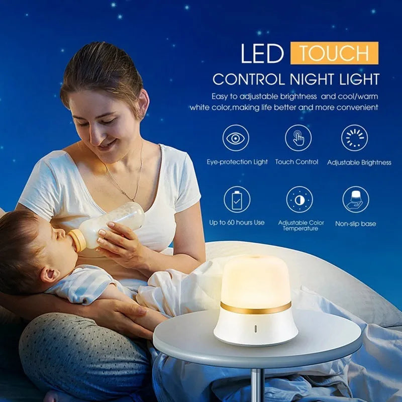 White touch-control bedside night light with motion sensor on a wooden table.