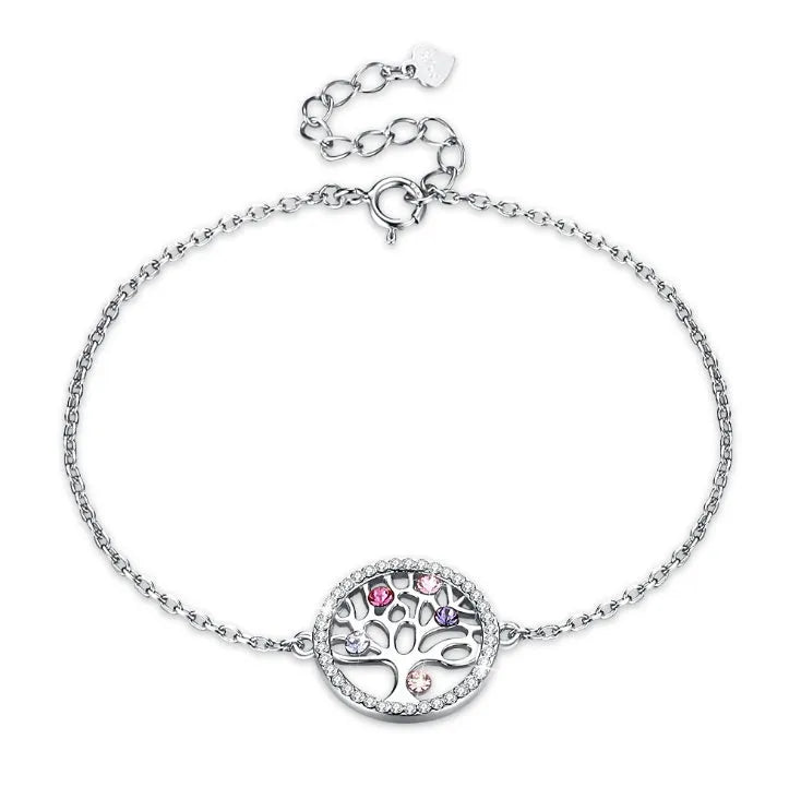 925 sterling silver crystal life tree charm bracelet on link chain with toggle clasp