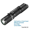 Lumintop Tool AA2.0 black compact keychain flashlight with Cree LED on metallic background