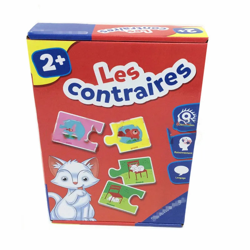French children's puzzle toy with 12 pairs of thickened paper mosaic cards showing pictures and words.