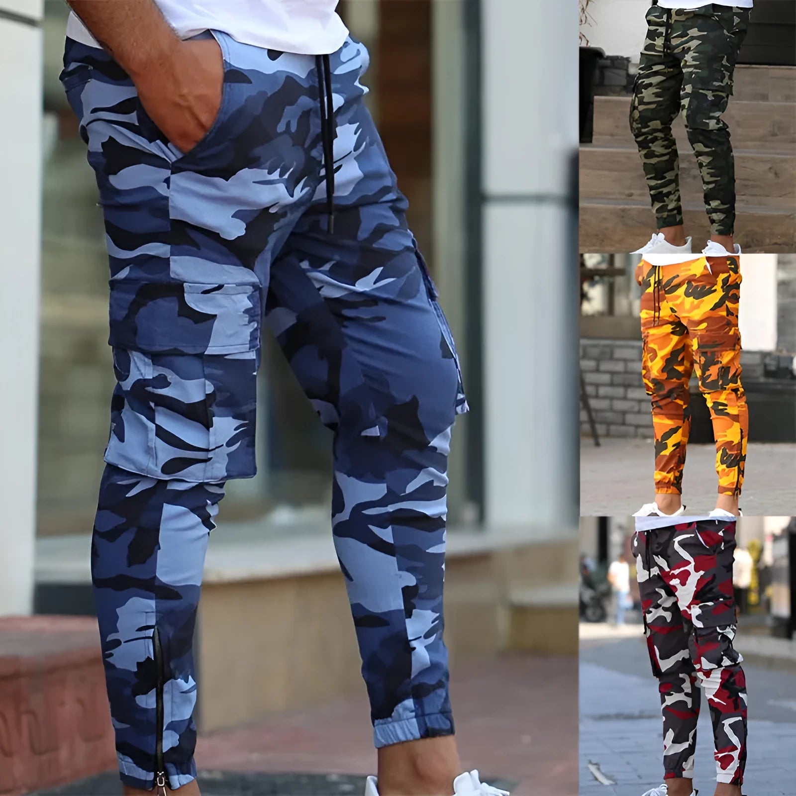 Men's casual camouflage pants with elastic waist and full-length polyester cargo style in blue and green colours