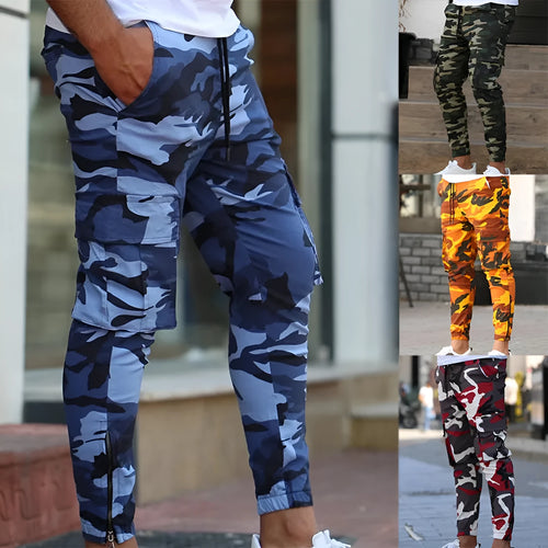 Men's casual camouflage pants with elastic waist and full-length polyester cargo style in blue and green colours