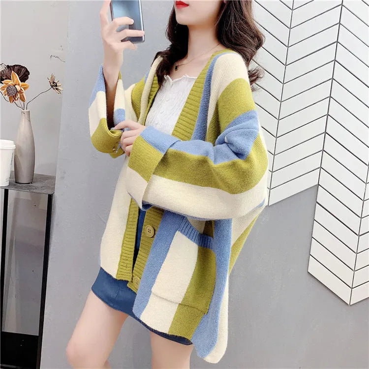 Striped colour stitching knitted cardigan for women, loose fit, long sleeves, available in green pink colourway