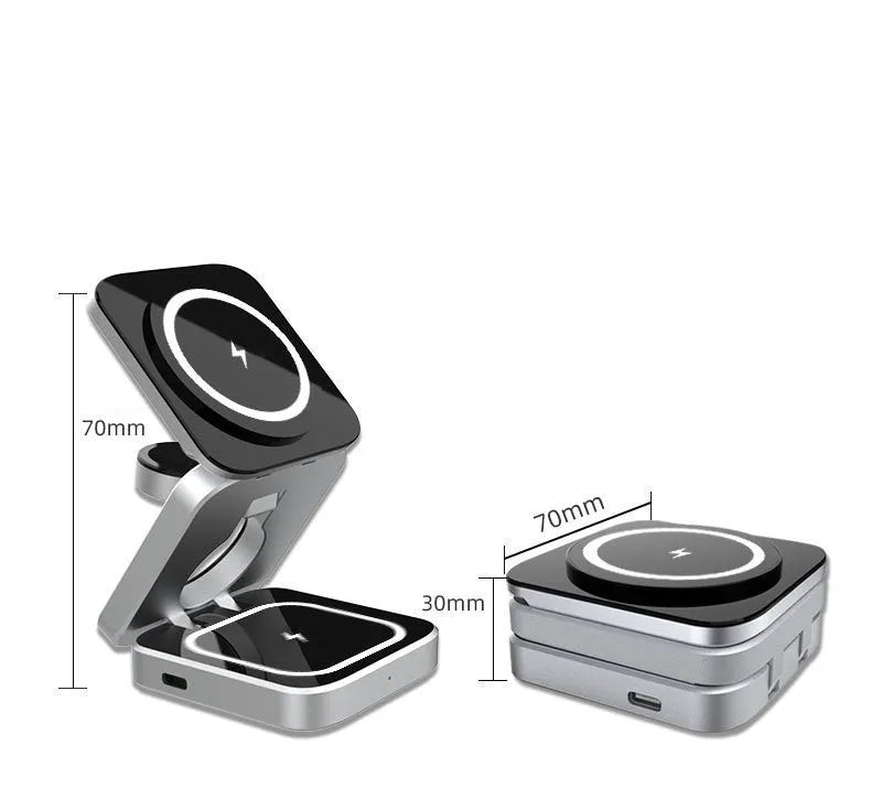 Folding three-in-one desktop wireless charging bracket for Apple, Samsung, and Google Pixel devices on a table.