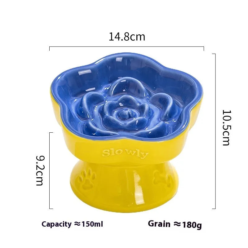 Black ceramic pet bowl with high foot neck protector design for spill prevention