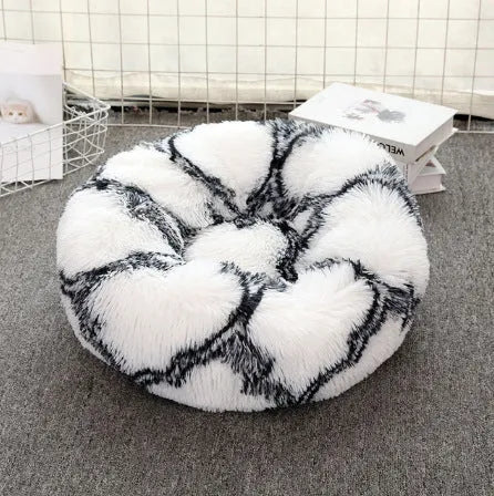 Round PV plush pet bed with raised rim in khaki colour for dogs and cats