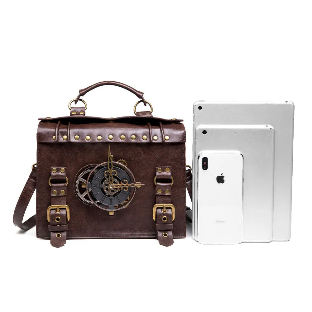 Bronze steampunk industrial retro shoulder bag with metal hardware 25x21x9cm