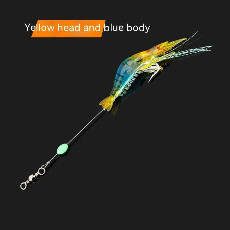 Luer soft fishing lure with metal hook in assorted colours including luminous pink and black head yellow body.