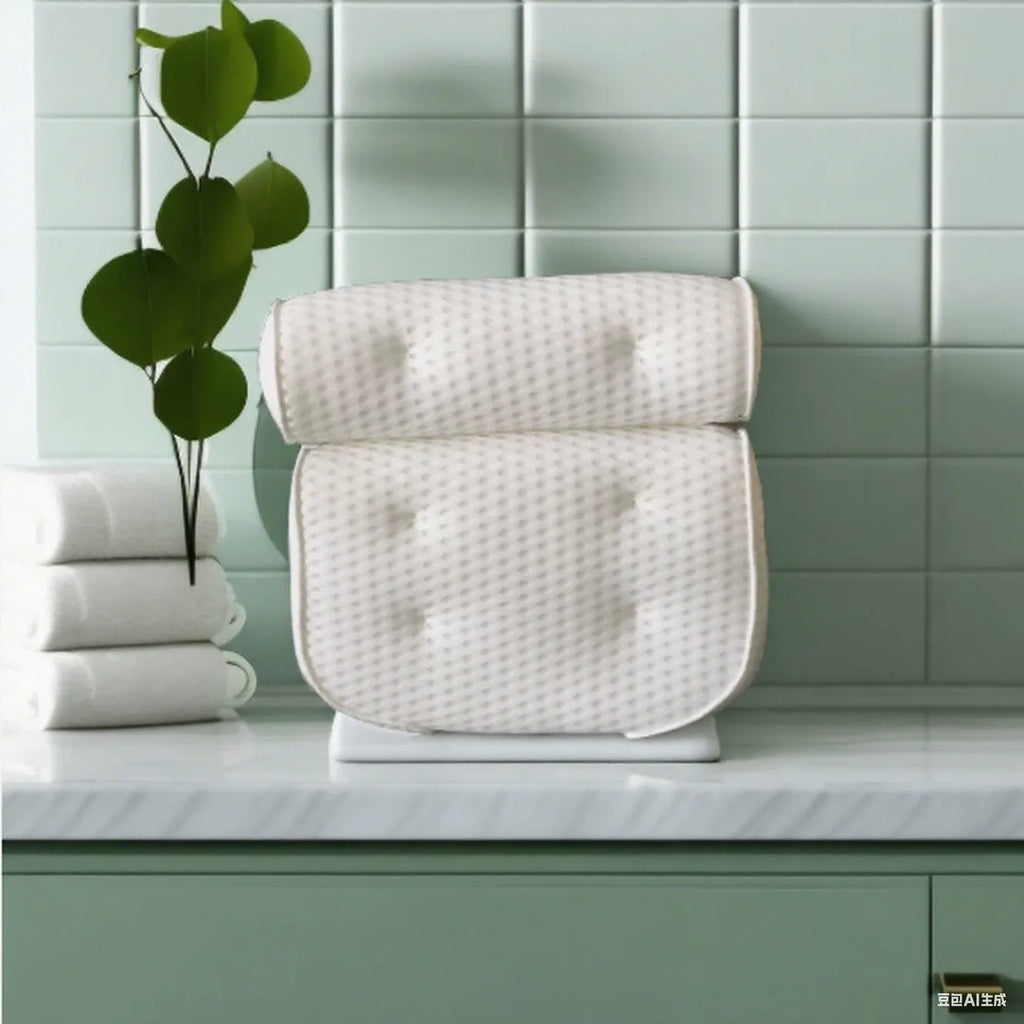 White luxury bathtub pillow with textured 3D material and seven large suction cups on the back.