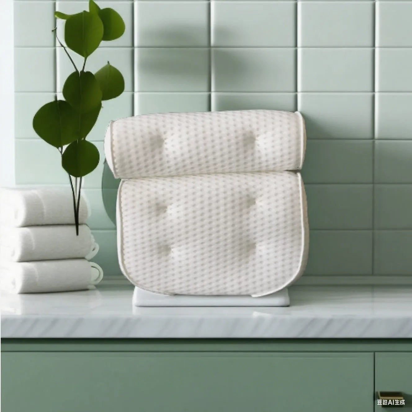 White luxury bathtub pillow with textured 3D material and seven large suction cups on the back.