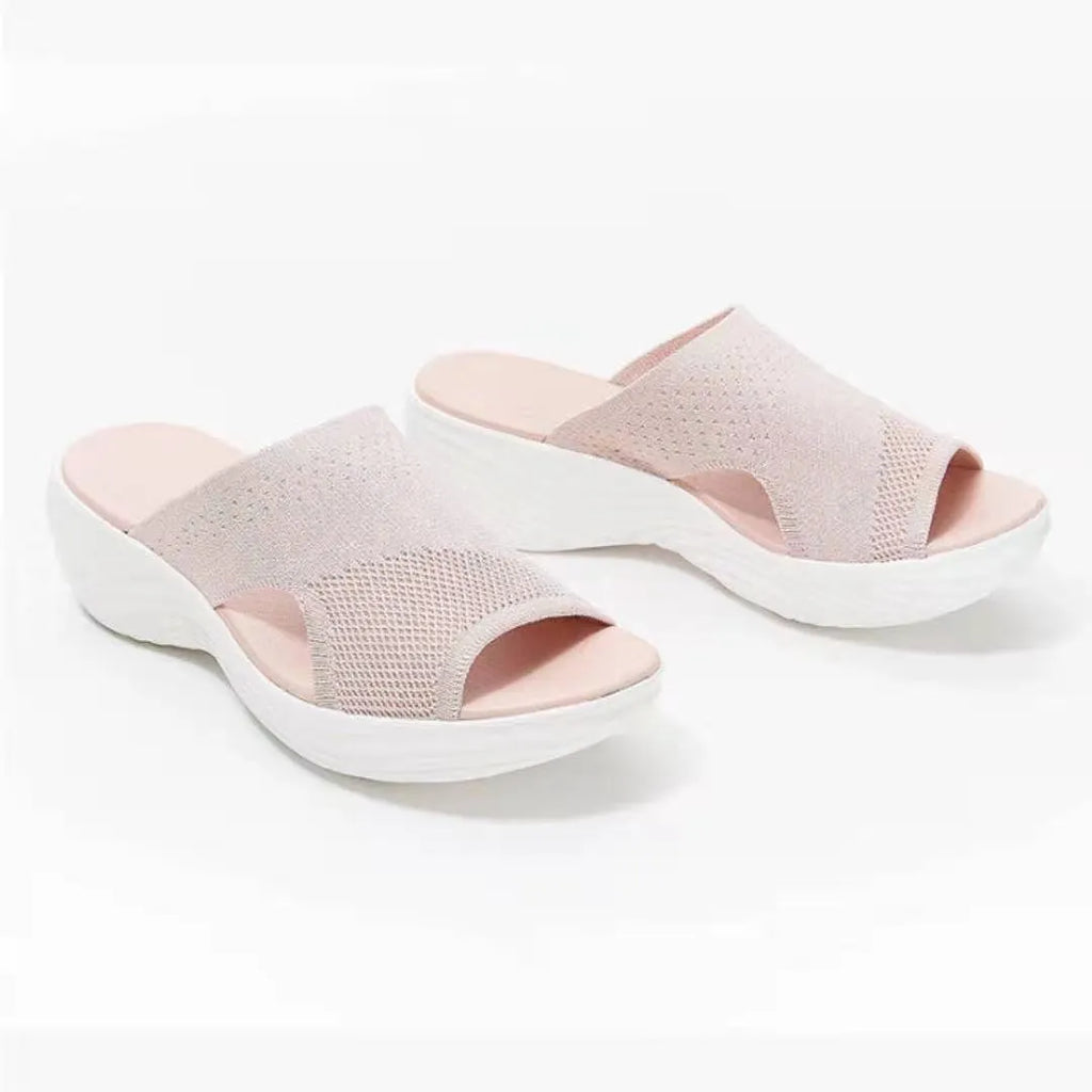 Women's lightweight woven mesh flat beach sandals in blue with open toe