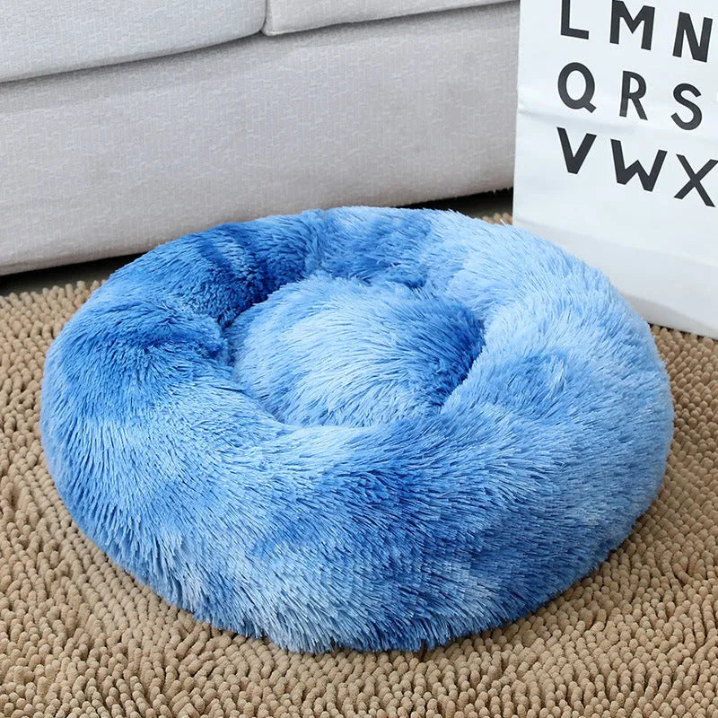 Round PV plush pet bed with raised rim in khaki colour for dogs and cats