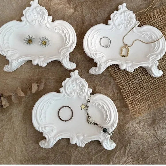 Vintage French relief gypsum jewellery display plate with sculptural plaster design and white matte finish