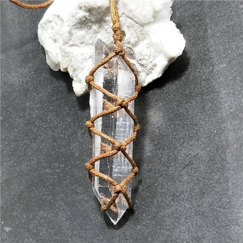 White crystal pillar pendant necklace in transparent colour with geometric shape hanging from chain