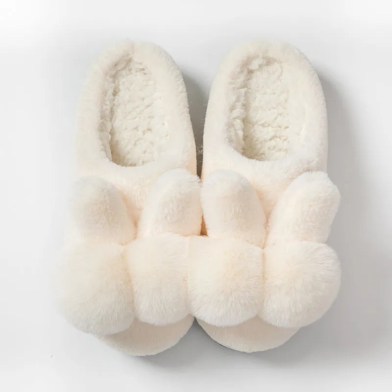 Women's rabbit fur high-upper winter slippers with floral decoration in coffee colour