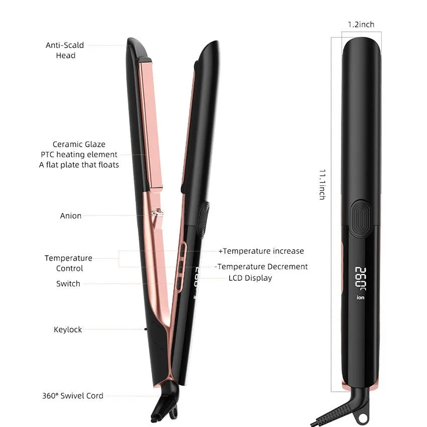 Hair straightener with digital temperature display showing 207°C and anion technology label