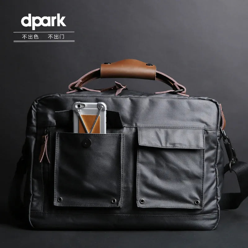 Dpark black single shoulder laptop bag for 14-15 inch laptops shown next to brown and khaki colour options.