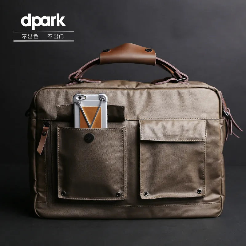 Dpark black single shoulder laptop bag for 14-15 inch laptops shown next to brown and khaki colour options.