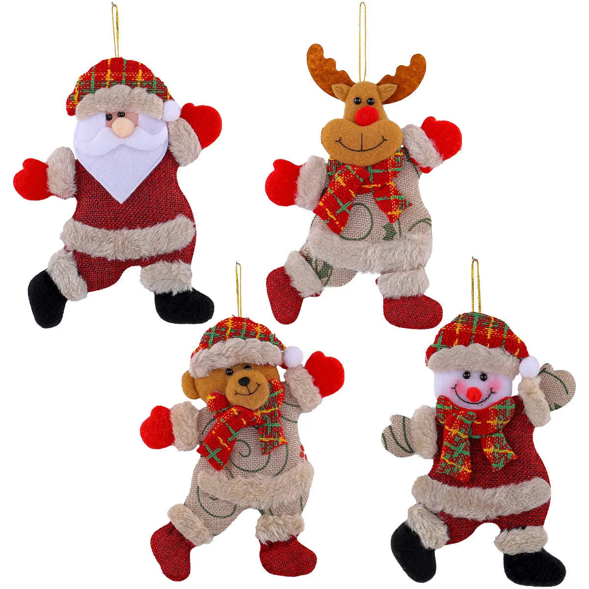 Set of four Christmas tree ornaments Santa snowman reindeer and bear figures with red white scarves golden balls red bows