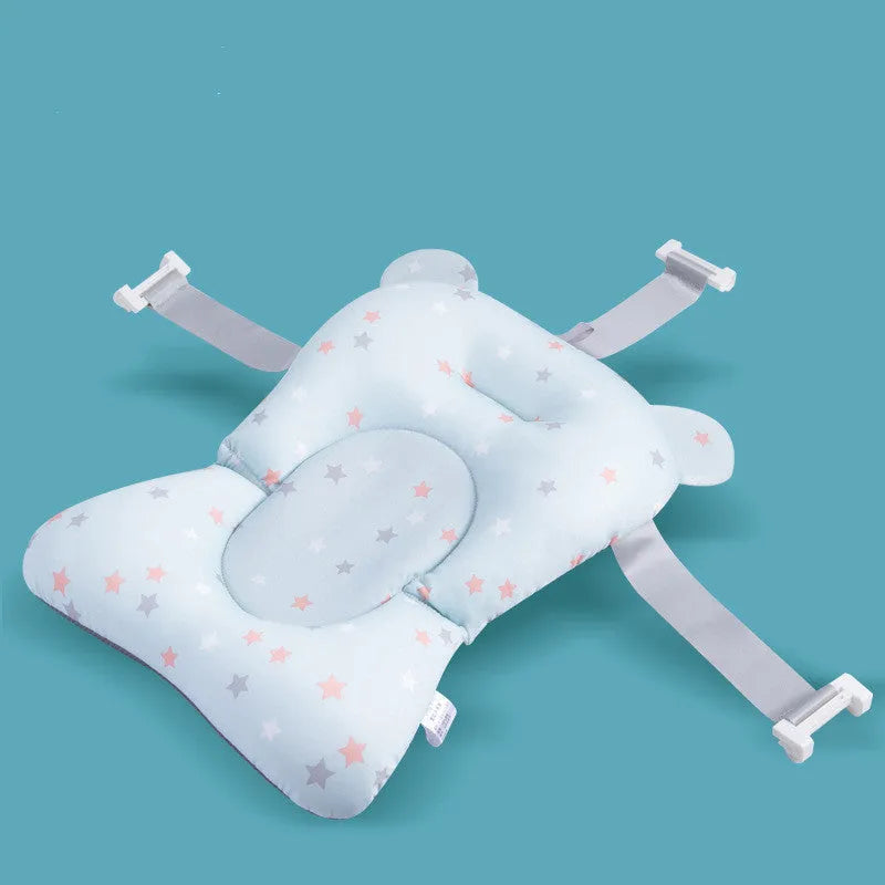 Foldable baby bath seat support mat with Styrofoam particles, available in multiple colours including green bear and light blue star