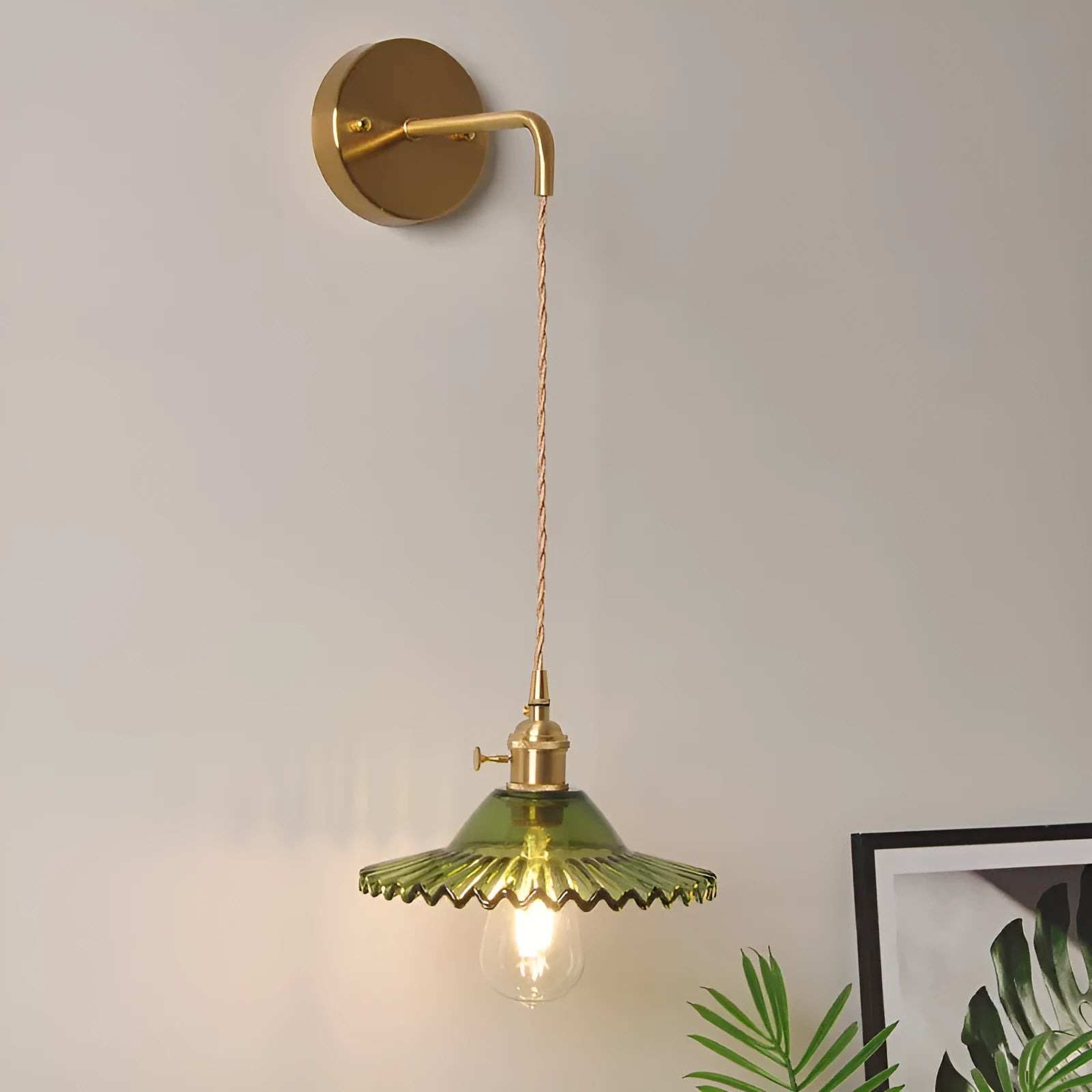 Retro copper lotus wall lamp with glass shade in choice of six colours, suspended from a wall