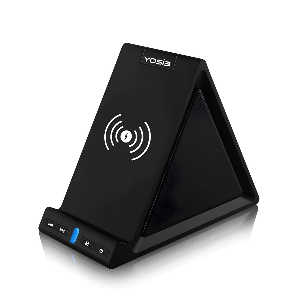 Black multifunctional Bluetooth speaker with wireless charging pad, phone stand, and 2000mAh power bank
