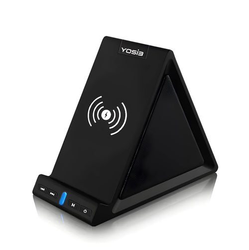 Black multifunctional Bluetooth speaker with wireless charging pad, phone stand, and 2000mAh power bank