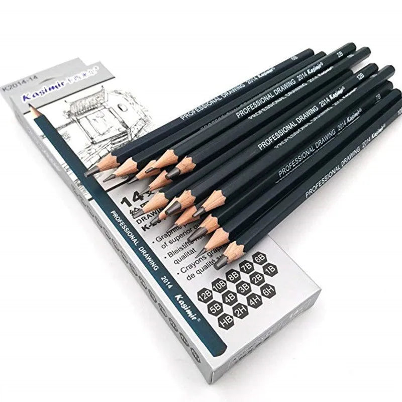 Set of 14 black graphite drawing pencils in a box, each labelled with grade from 6H to 12B, 18cm length