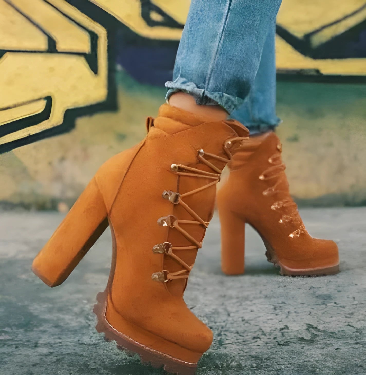 Women's suede ankle boots with a thick high heel in army green, shown from the side.