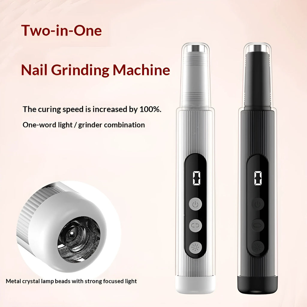 2-in-1 electric nail grinder with LED light, handheld rechargeable, in blush pink with corn head set