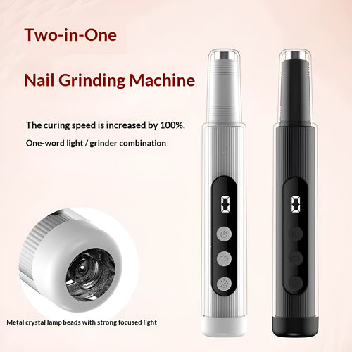 2-in-1 electric nail grinder with LED light, handheld rechargeable, in blush pink with corn head set