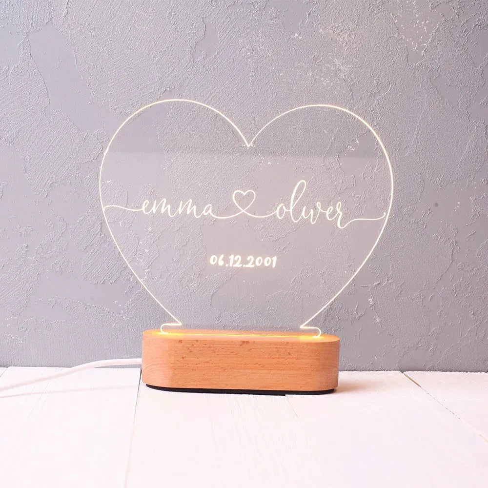 Custom LED night light with engraved names and date on transparent acrylic plate