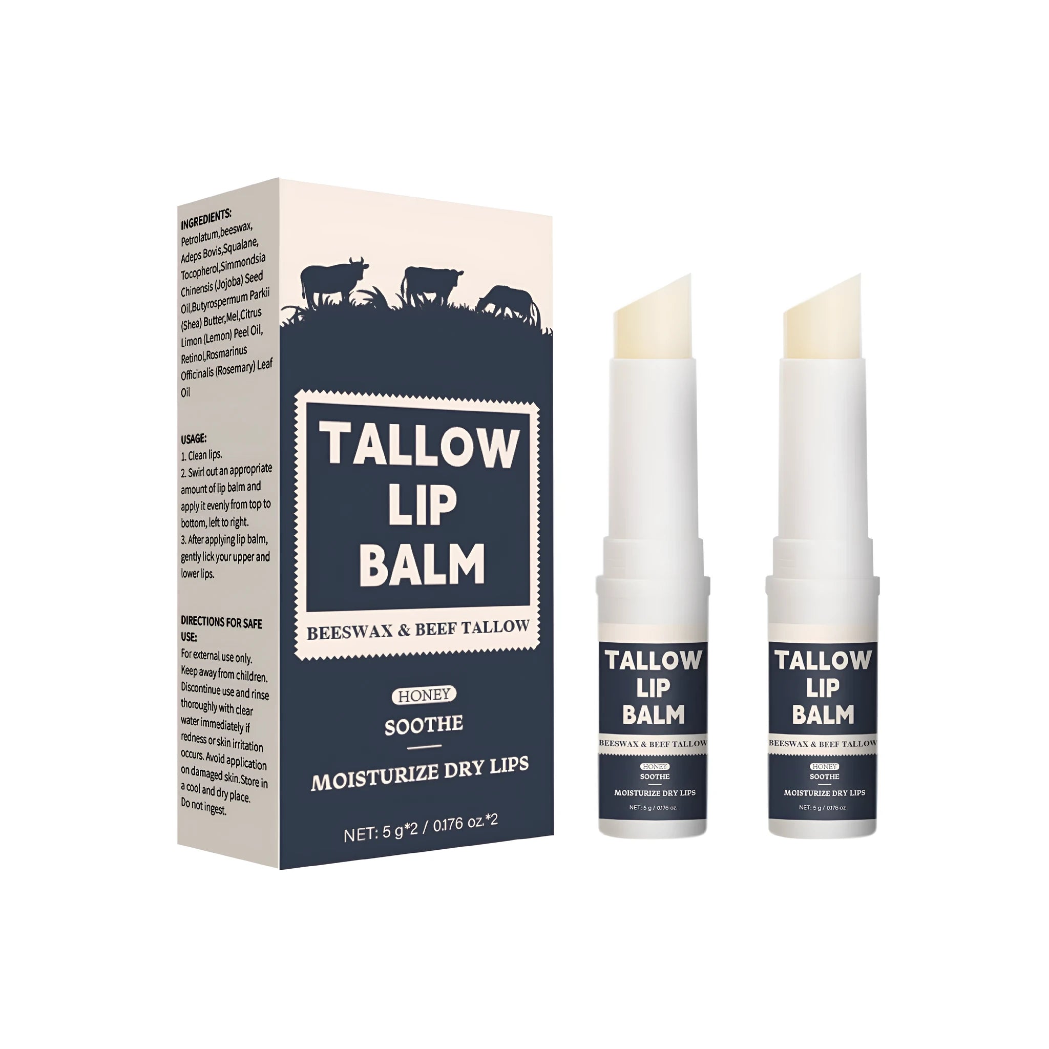 Two standard-size beef tallow lip balm tubes with light grain texture for soft, full lips