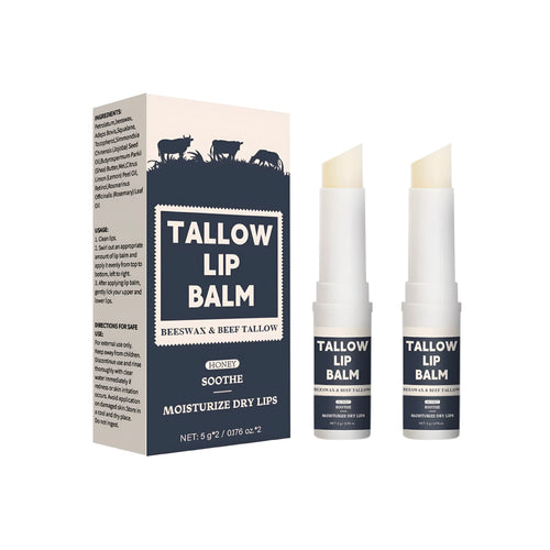 Two standard-size beef tallow lip balm tubes with light grain texture for soft, full lips