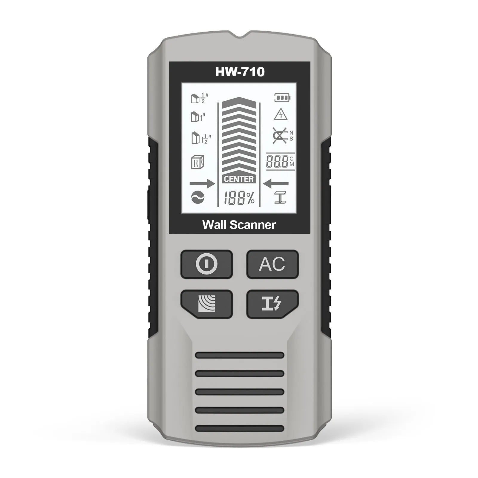 Multifunctional perforated inner wire wall detector in yellow, 174x76x41mm handheld scanner on white background