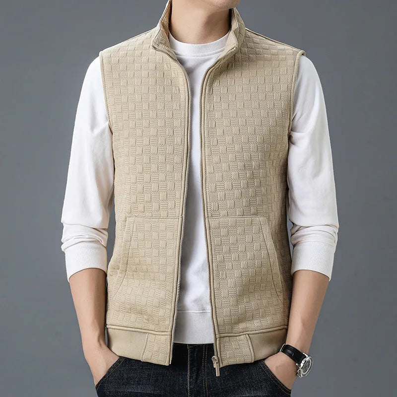 Men's sleeveless cardigan-style vest in a chemical fibre blend, shown in black, brown, khaki, and grey colour options.