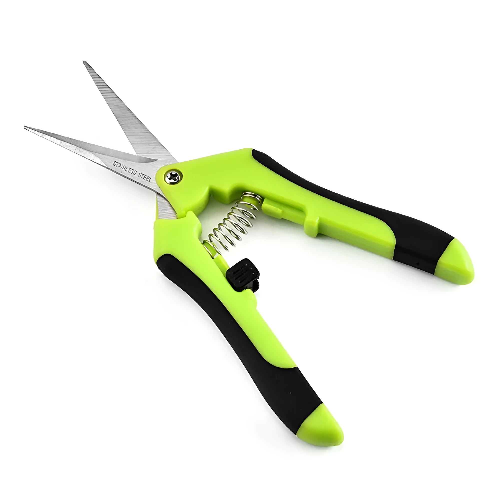 Pair of green stainless steel pruning gardening scissors 16.5 cm long on white background