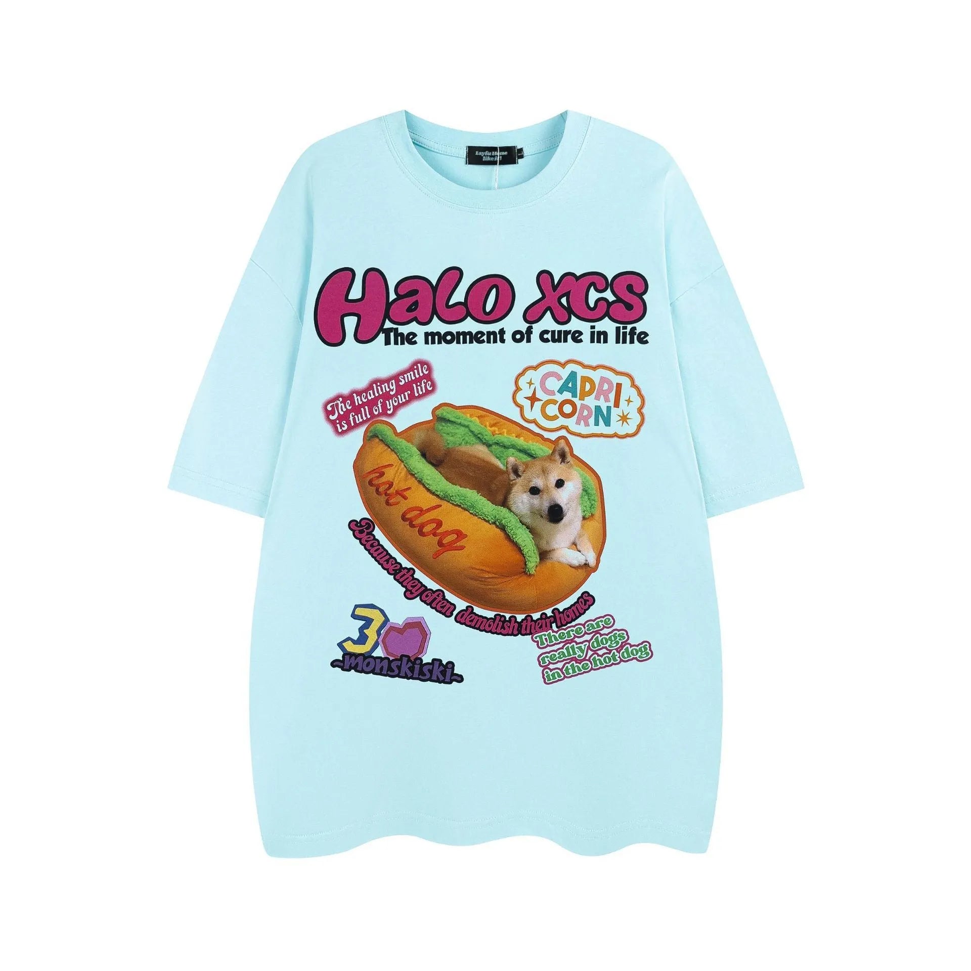 Cartoon hamburger dog printed cotton T-shirt in loose fit with round neck collar