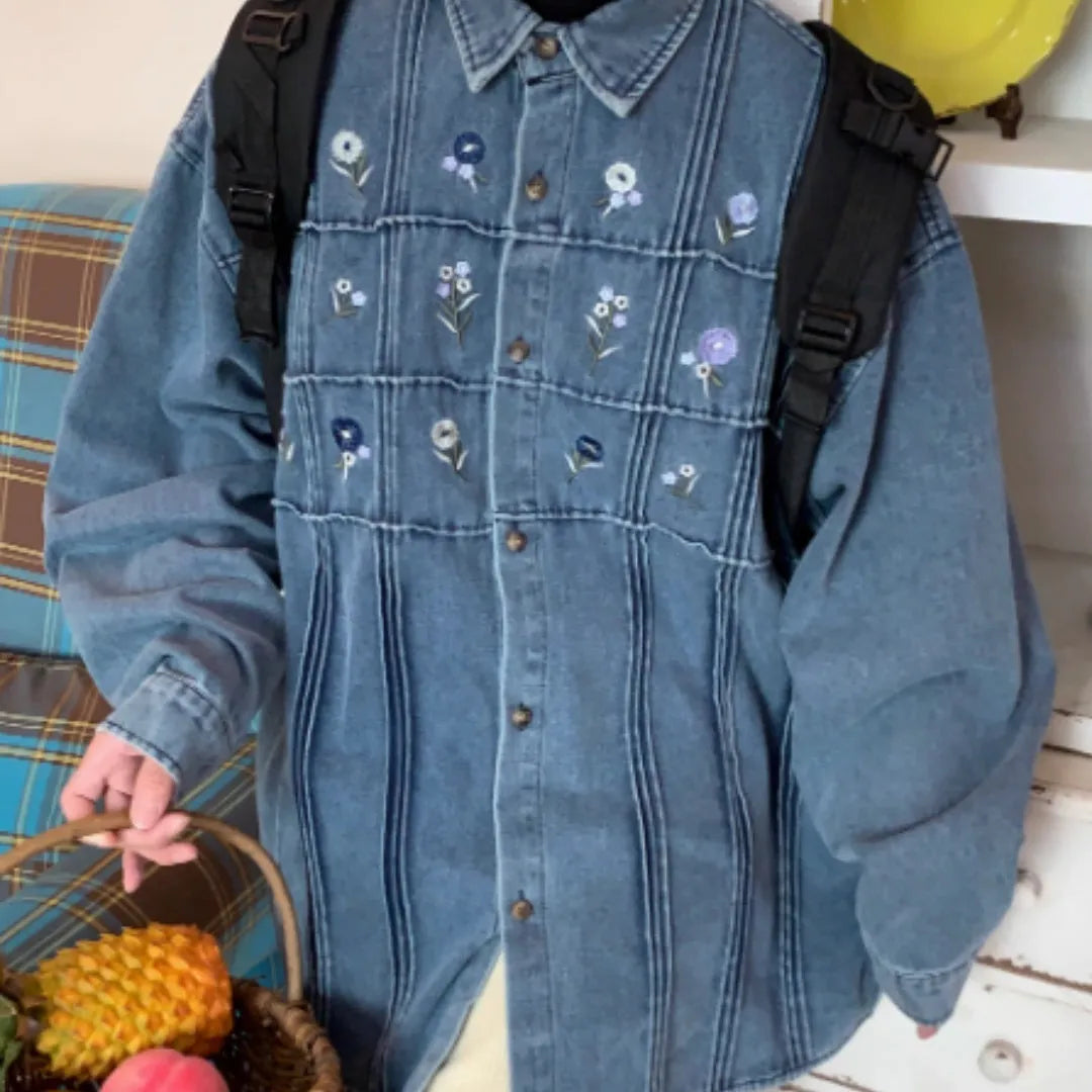 Vintage washed blue denim long sleeve shirt with small floral pleated design