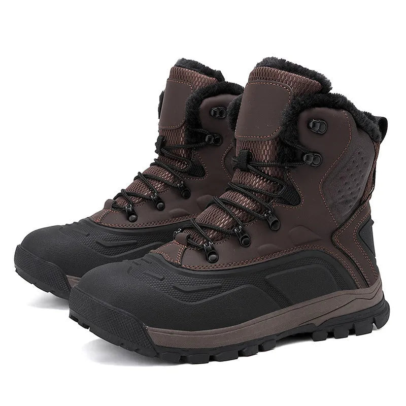 Black plus size men's high-top boots with fleece lining and front lace-up closure on a flat TPR sole.