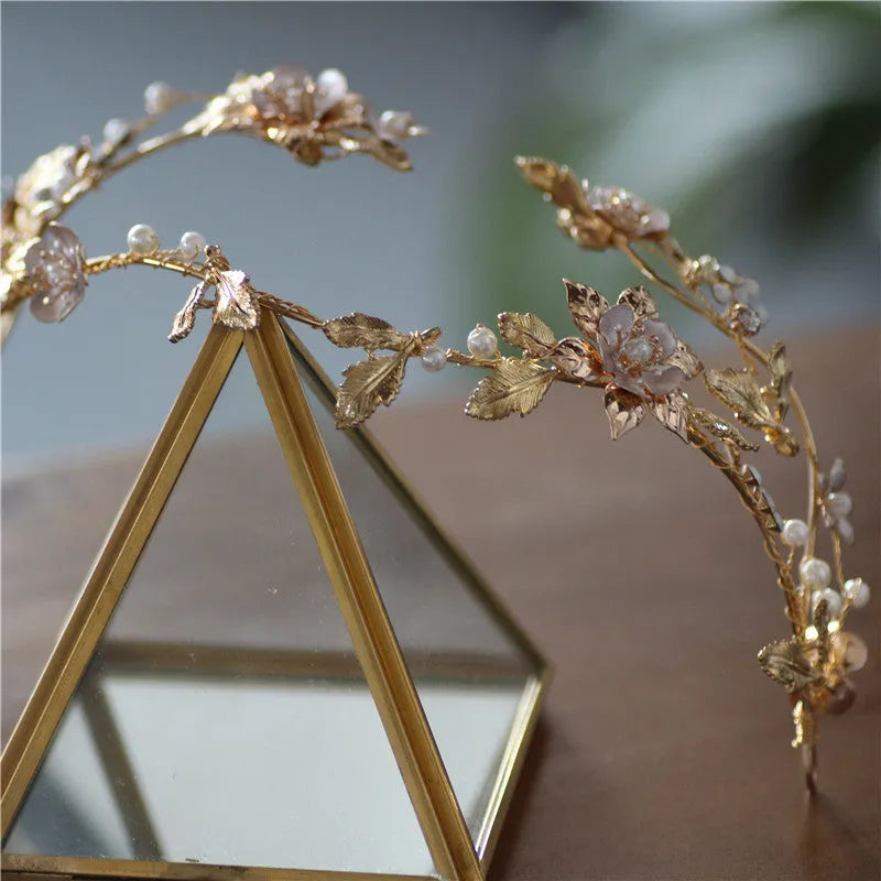 Handmade asymmetric bridal crown in Kc Gold with imitation pearl and rhinestone details