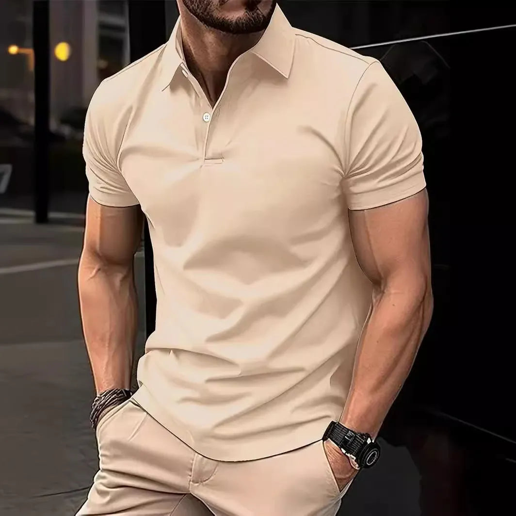 Men's slim fit button-front short sleeve casual shirt in a solid colour on a hanger.