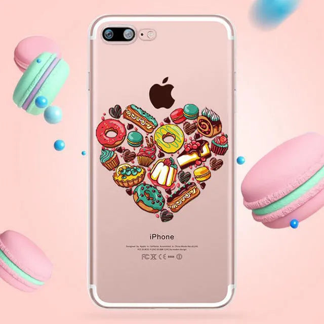 Transparent silicone iPhone case with a printed pink and brown ice cream pattern on the back.