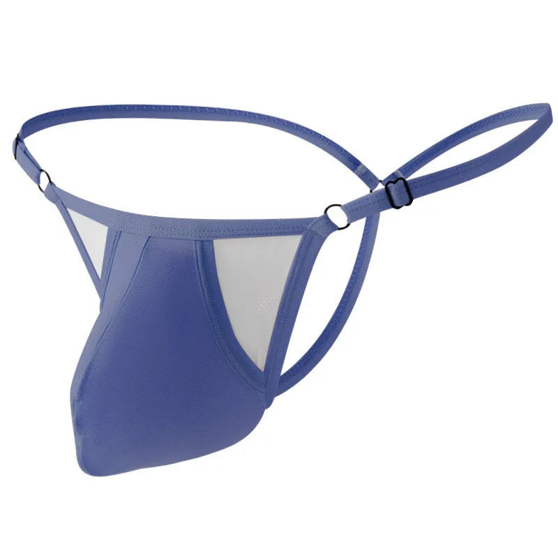 Men's low-waist ice silk briefs in a T-back design with thin straps, shown in multiple colours.