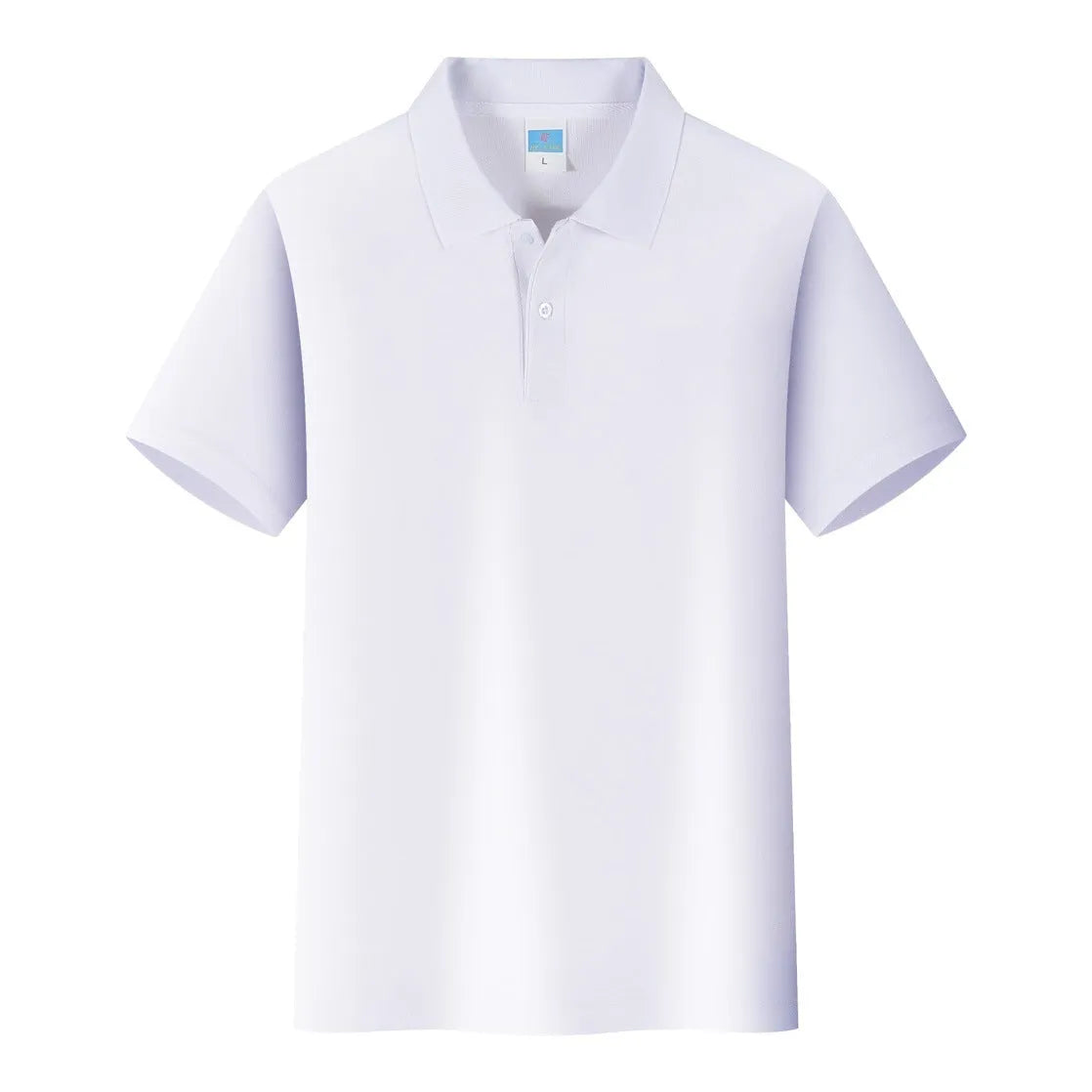Short-sleeved straight-cut cotton pullover work shirt on a hanger, shown in a solid colour for embroidery.