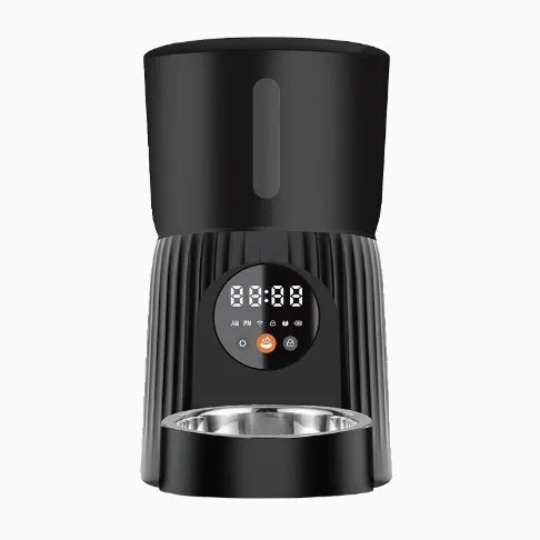 Black automatic pet feeder with digital display and food container showing portion control settings