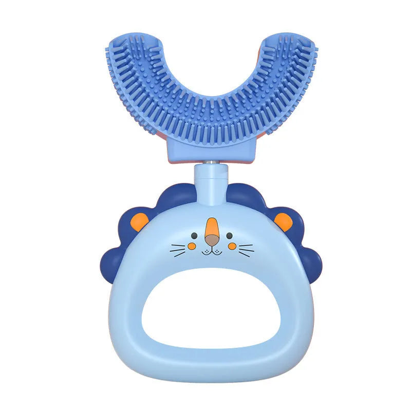 Children's U-shaped silicone toothbrush in blue and pink with little cute lion design for ages 2-14