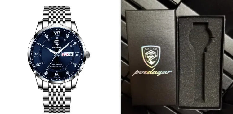 Men's quartz watch with 43mm round dial, sapphire crystal, stainless steel strap, blue face, luminous hands and calendar display