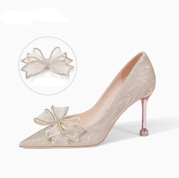 Champagne gold crystal sequined stiletto heel pumps with pointed toe for wedding banquets